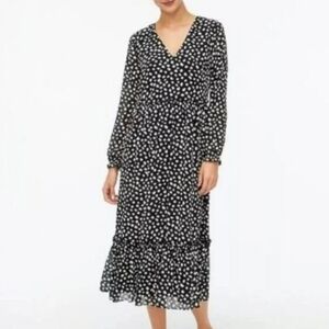J CREW Crinkle Black And White Tiered Long Sleeve V-Neck Midi Dress Sz Small